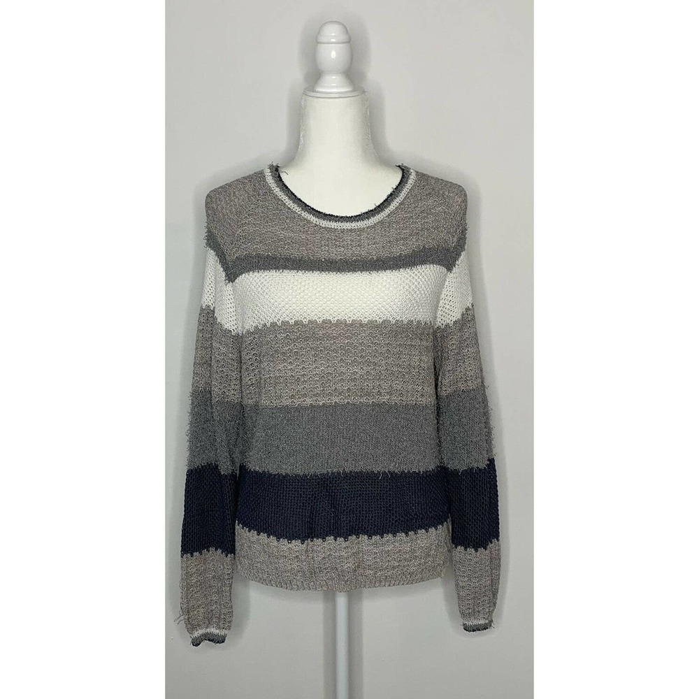 NWT CENY Striped Open Knit Crewneck Sweater L